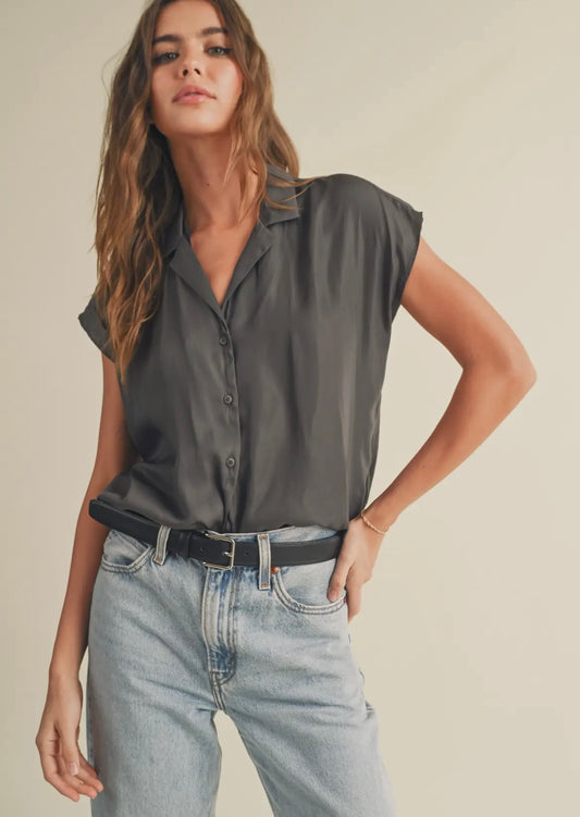 Button Down Cap Sleeve Blouse