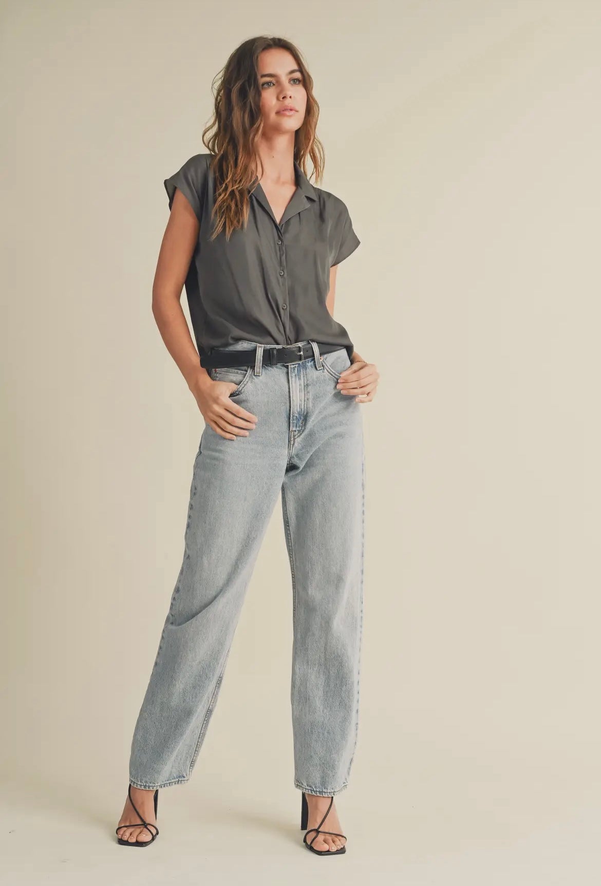 Button Down Cap Sleeve Blouse