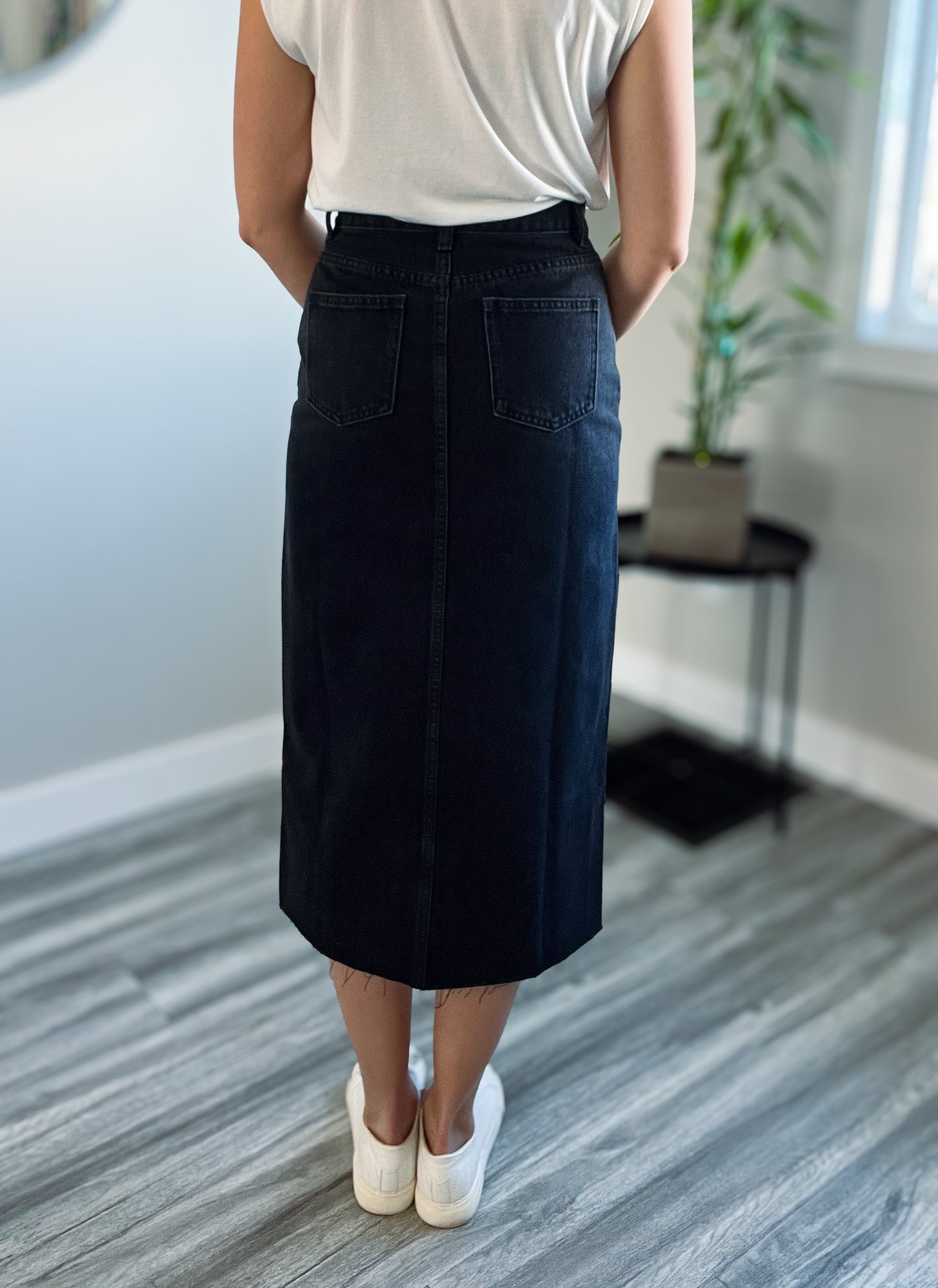 Washed Denim Midi Skirt