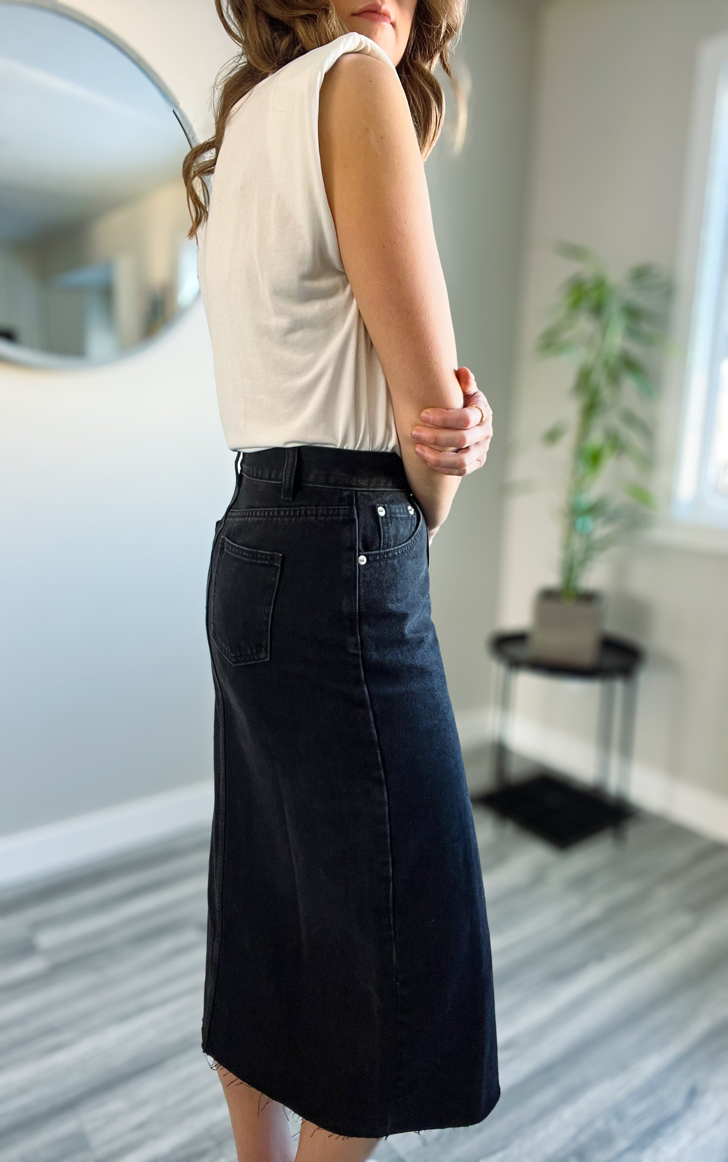 Washed Denim Midi Skirt