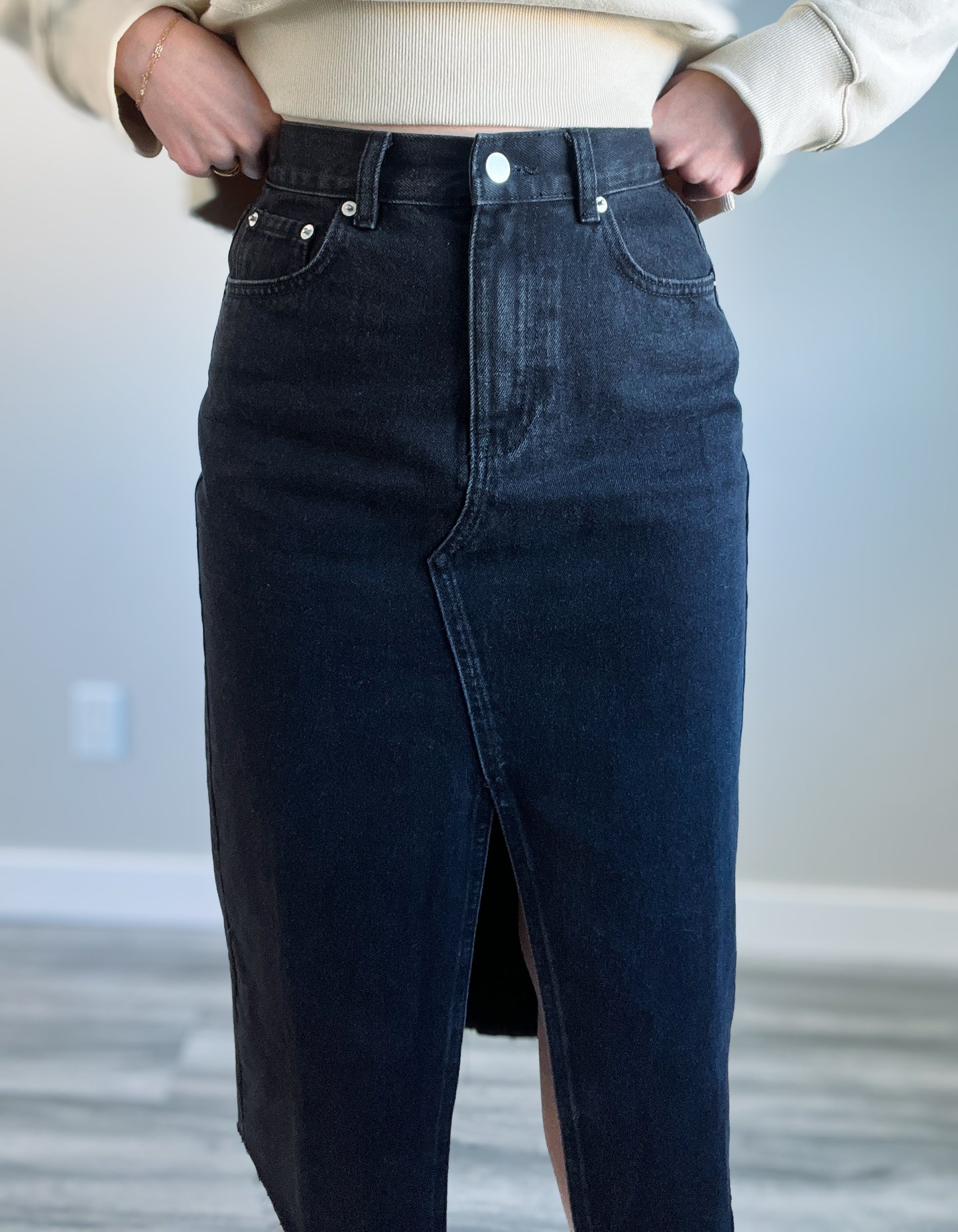 Washed Denim Midi Skirt