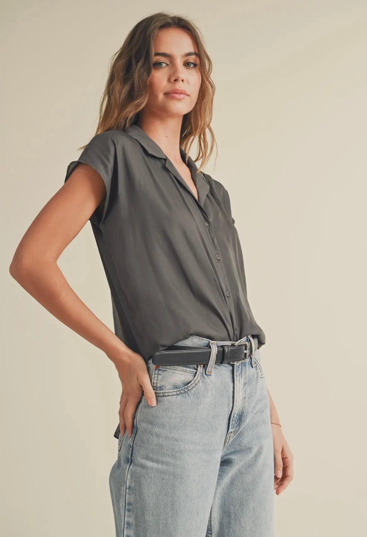 Button Down Cap Sleeve Blouse